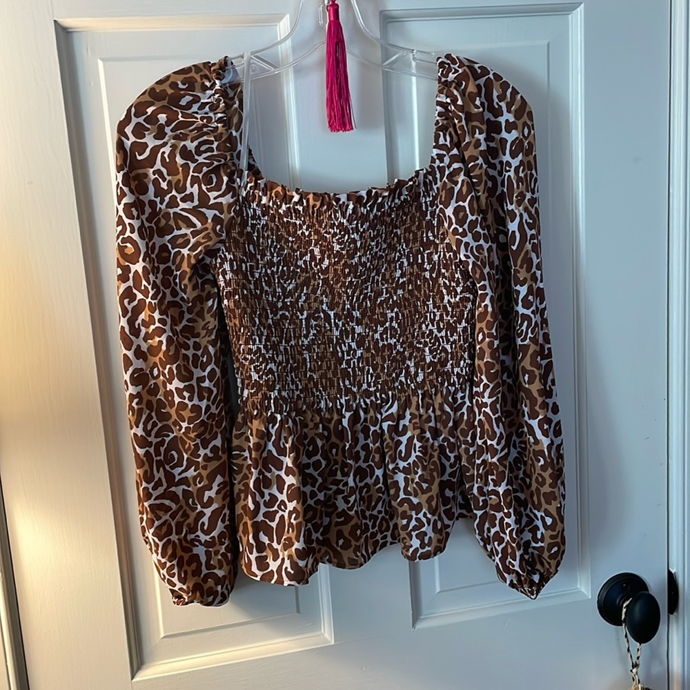 NWOT Lilly Puhlitzer leopard print ruched bodice BOHO FEMME peasant blouse XS <3